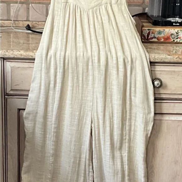 Free People Tie Me Up Jumpsuit Wide Leg Tie Shoulder Straps Oatmeal - Picture 6 of 8